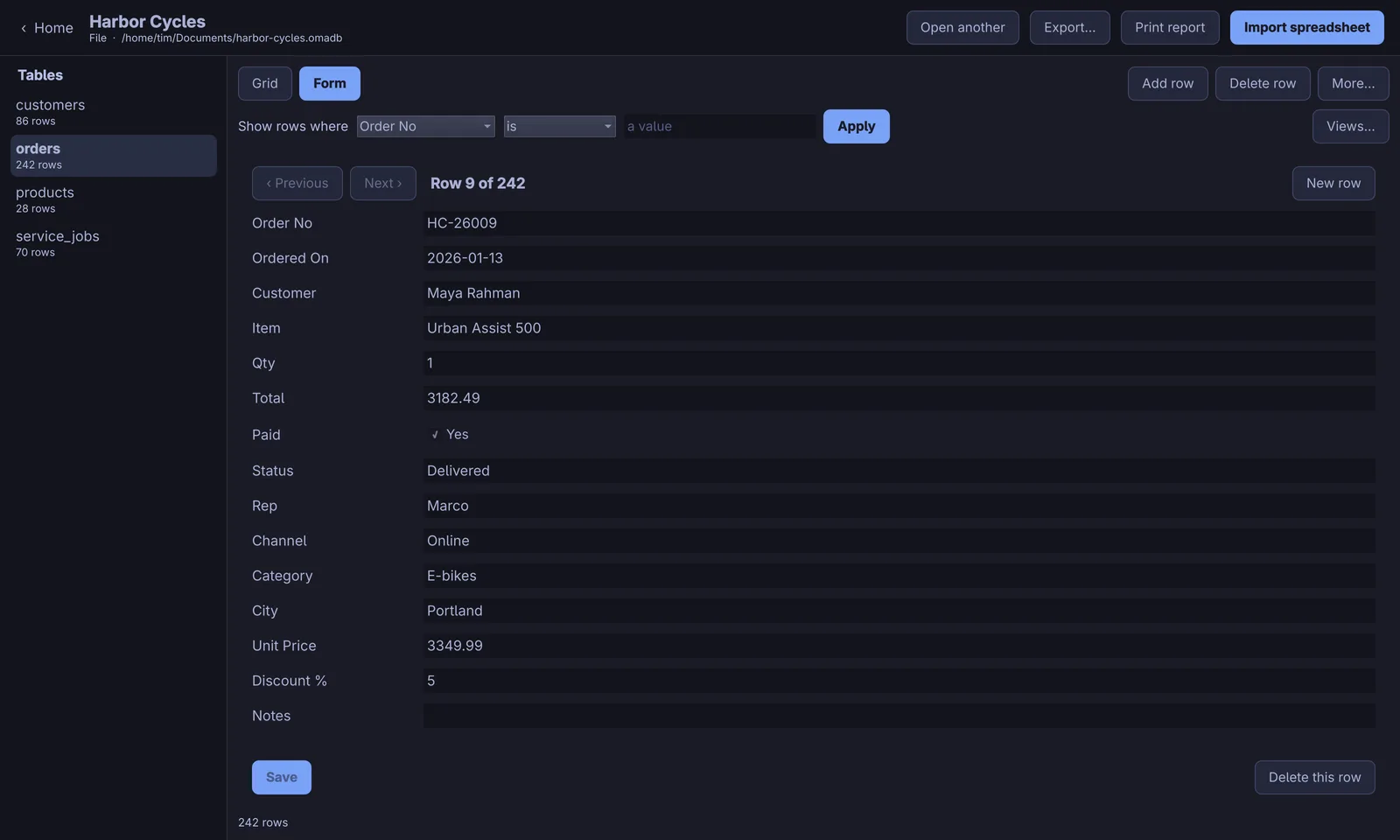 One order in the form view