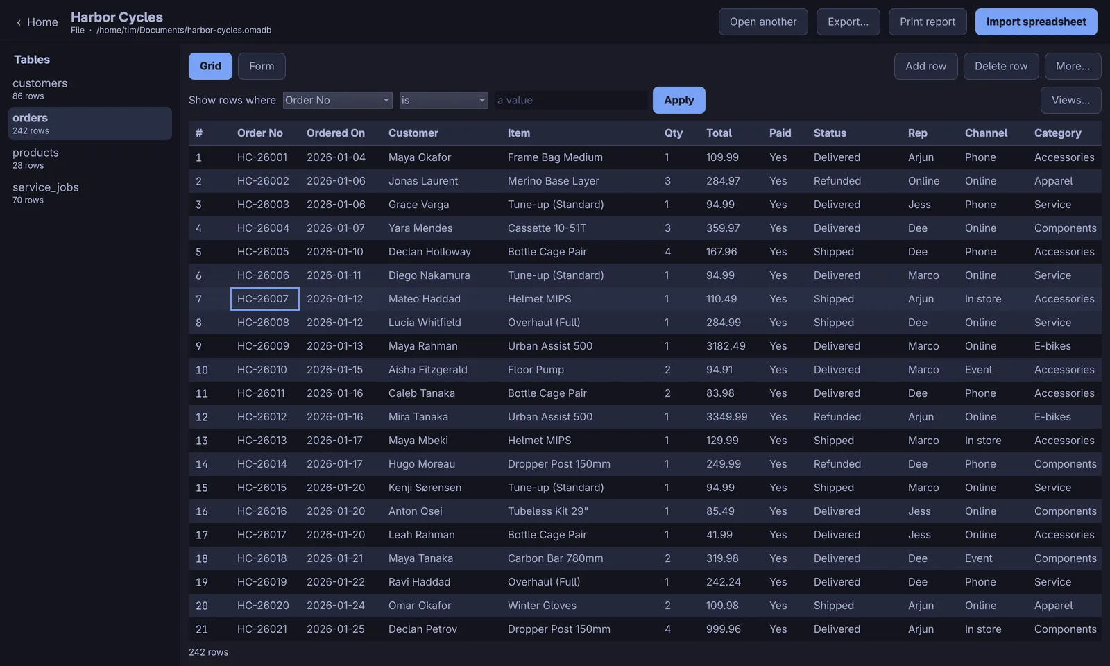 The orders table of a demo bike-shop database in the Jubako grid
