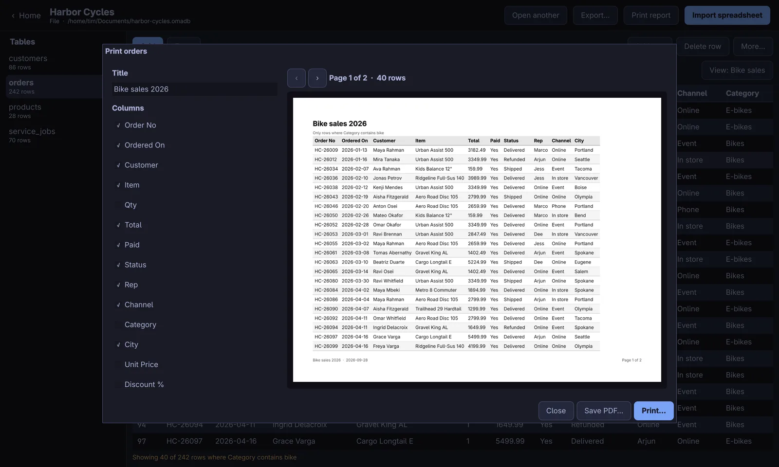 The report designer with a landscape preview