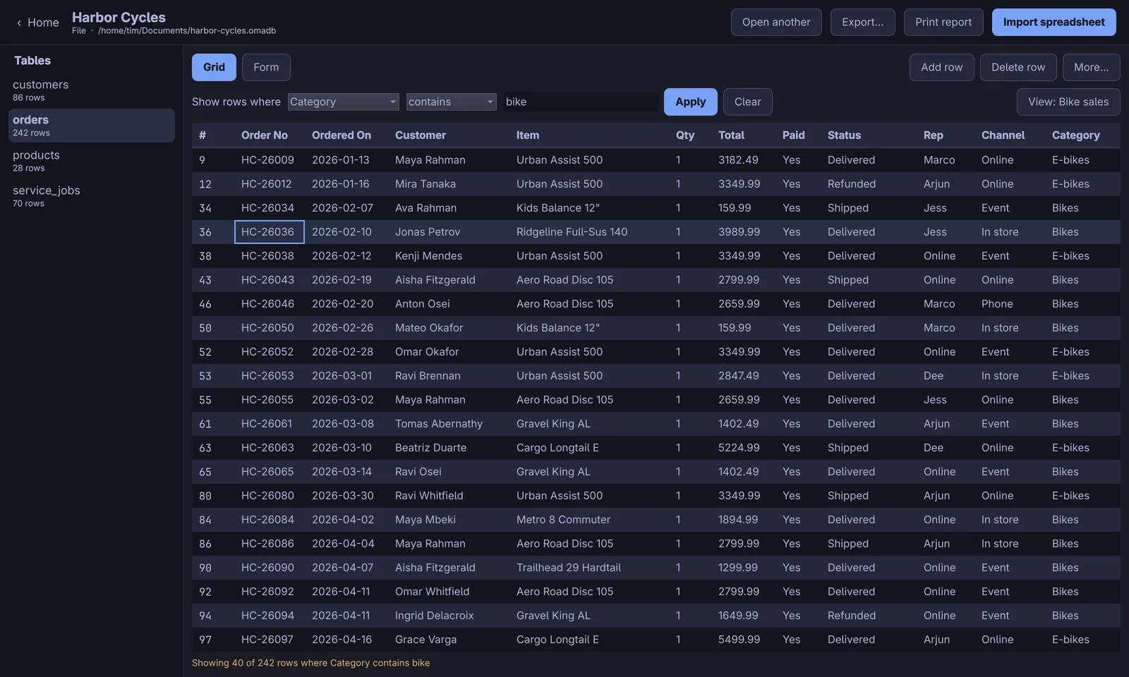 A saved view showing only bike sales